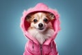 Cute fashionable chihuahua dog dressed in pink jacket with hood close up