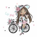 Cute fashionable dark skinned teen girl in a hat with a Bicycle. My life. Vector.