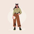 Cute fashionable woman. Cartoon female character wearing casual clothes and accessories, fashion girl in trendy outfit Royalty Free Stock Photo