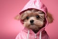 Cute fashionable Yorkshire Terrier dog dressed in pink jacket with hood