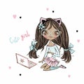 Cute fashionista dark-skinned teen girl with cat ears with laptop . Vector.