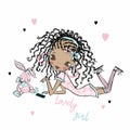Cute fashionista dark-skinned teen girl with pigtails resting at home with a player and a plush Bunny. Vector.