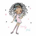 Cute fashionista dark-skinned teen girl with pigtails . Vector.