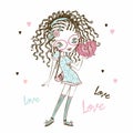 Cute fashionista teen girl with pigtails with a heart in her hands. Valentine card. Vector