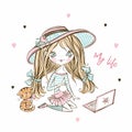 Cute fashionista teenage girl in a hat with a laptop and a kitten. Vector