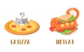 Cute fast food cats, Pizza cat and hot dog food with a cat. Kawaii vector cats.