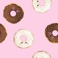 Cute chocolate icing donuts kawaii style seamless pattern fabric on pink background Royalty Free Stock Photo