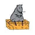 Cute fat cartoon rat on a piece of cheese.