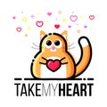 Cute fat cat holding heart in paws. Saint Valentine Day design greeting card. Flat line style