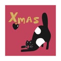 Cute fat cat is stretching. Flat christmas illustration.