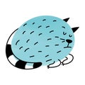 Cute fat doodle cat sleeping. Blue animal character. A funny and stylish element for the design of clothes, toys and