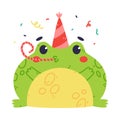 Cute Fat Green Frog or Toad Character in Birthday Hat Blowing Whistle Vector Illustration