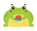 Cute Fat Green Frog or Toad Character Sitting with Lotus Flower on Pad Vector Illustration Royalty Free Stock Photo