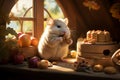 Cute Fat Hamster Eating Delicious Cookies in Tree House in the Morning Royalty Free Stock Photo