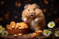 Cute Fat Hamster with Surprised Expression Looks Adorable Eating Delicious Dry Cake on the Table Royalty Free Stock Photo