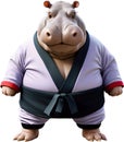 A cute fat hippo wearing a karate costume.