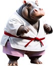 A cute fat hippo wearing a karate costume.