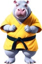 A cute fat hippo wearing a karate costume.