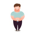 Cute fat man is dress the small home clothes Royalty Free Stock Photo
