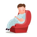 Cute fat man in night sleeping clothes stay on armchair