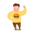 Cute fat man say hello to all people, yellow burger sweater