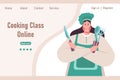 Cute fat woman cook with knife, spoon and fork and text Cooking class online. Banner, website, illustration Royalty Free Stock Photo