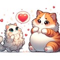 The cute fatty and fluffy cats, with a heart shape, romantic scene, falling in love, cartoon, anime art, kitten