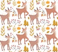 Cute fawn in the autumn forest seamless pattern. repeating texture. Little deer and leaf fall endless background. Vector Royalty Free Stock Photo