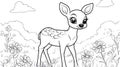 Cute Fawn Outline in Meadow with Flowers and Clouds Royalty Free Stock Photo