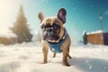 Cute fawn French bulldog in snowfall. Generate ai