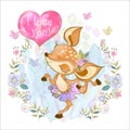 Cute fawn with a heart-shaped balloon. Vector