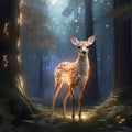 A cute fawn made with a delicate fractal evanescent path, against the backdrop of an ethereal glowing magical forest