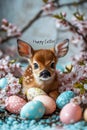 Cute fawn surrounded by easter eggs and cherry blossoms in springtime setting Royalty Free Stock Photo