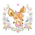 Cute fawn in a wreath of flowers. Vector