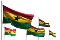 Cute feast flag 3d illustration - five flags of Ghana are waving isolated on white