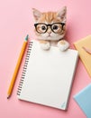 a kitten wearing glasses is sitting on top of a notebook