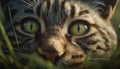 Cute feline kitten staring at camera with fluffy striped fur generated by AI