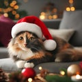 cute feline relaxed cat lying on a gray sofa in a Santa\'s hat with blurred Christmas decor