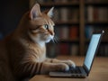 A cute feline resting on a table near a laptop