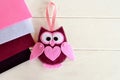 Cute felt owl. Children's toy. Felt sheets. Empty space for text. Kids craft idea Royalty Free Stock Photo