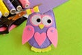 Cute felt owl, kids crafts. Scissors, thread, felt sheets, needle, sewing kit