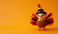 A cute felt turkey with colorful feathers on a vibrant orange background. thanks giving concept