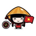 Cute female cartoon character holding the flag of Vietnam against the virus