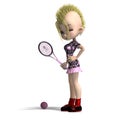 Cute female cartoon punk is a tennis player. 3D