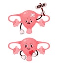 Cute female cartoon uterus. Human reproductive organ character with different emotions. Happy and sad uterus cries and Royalty Free Stock Photo