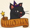 Cute Female Cat with Magic Wand and Ribbon Celebrating Halloween, Vector Illustration