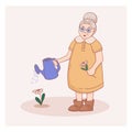 Cute female character. Grandmother with a watering can is watering a flower in the vegetable garden. Vector flat illustration