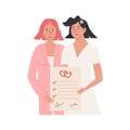 A cute female couple holding signed marriage certificate. Married lesbian women with prenup document. Newlywed LGBTQ