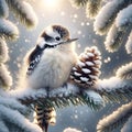 A Cute Female Downy Woodpecker Perched on a Pine Tree Branch during a Winter Snowstorm AI Generated Royalty Free Stock Photo