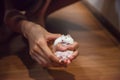 Cute Female Exotic Winter White Dwarf Hamster lying comfortably in owner both hands. Winter White Hamster is known as Winter White